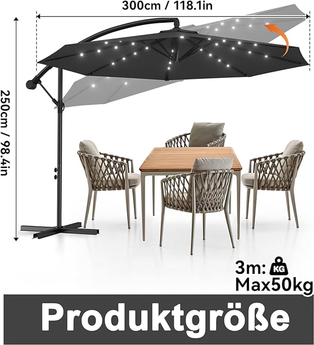 Zweefparasol met LED Verlichting op Zonne-energie Ø300 cm - Depauwonen Luxe Aluminium Parasol met Zwengel, Kantelbaar & In Hoogte Verstelbaar, UV40+ Bescherming, Waterafstotend, 8 Baleinen, Donkergrijs (9508497745899)