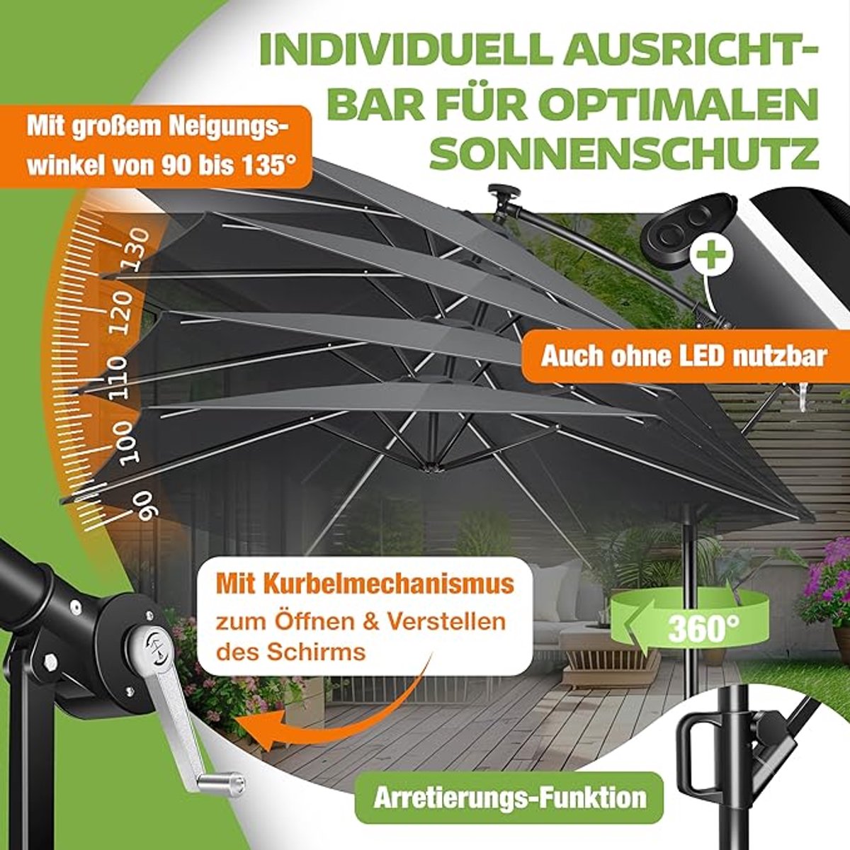 Zweefparasol met LED & Solar 300x300 cm - 360° Draaibaar, Kantelbaar, Aluminium Frame, Inclusief Afdekhoes & Afstandsbediening - Luxe Verlichte Hangparasol met UV-bescherming voor Tuin, Terras & Balkon - Urbanhome (9508173278581)