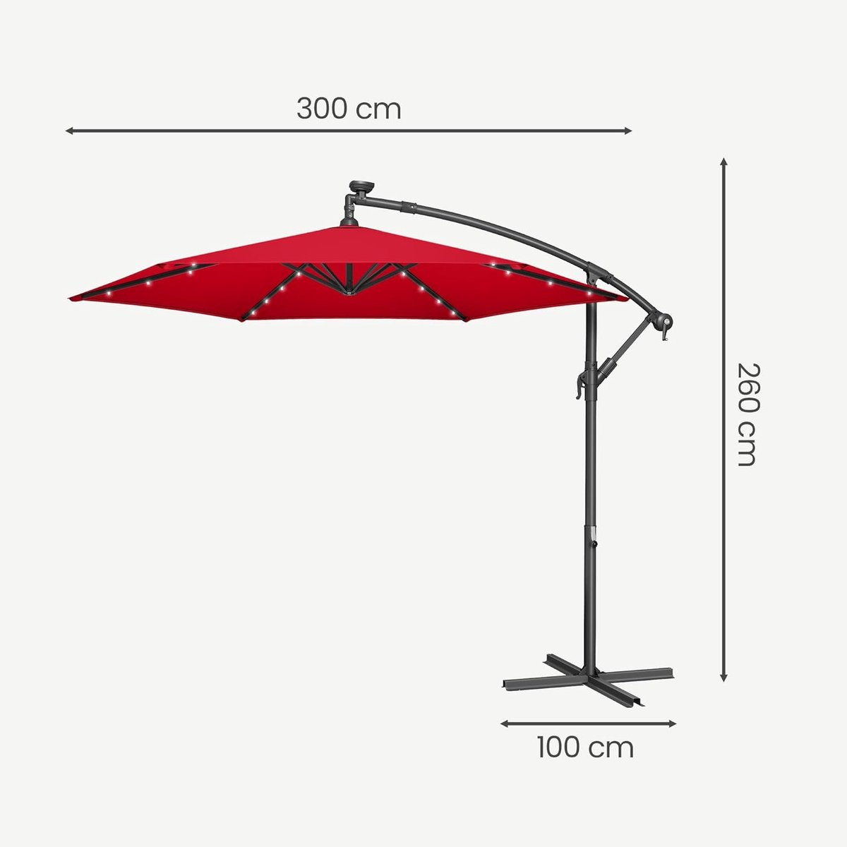 Zweefparasol met LED-verlichting 300 cm - Depauwonen Rood - zonneparasol balkon, terras en tuin - UPF 50+ UV-bescherming - inklapbaar met zwengel en standaard (9502919413175)