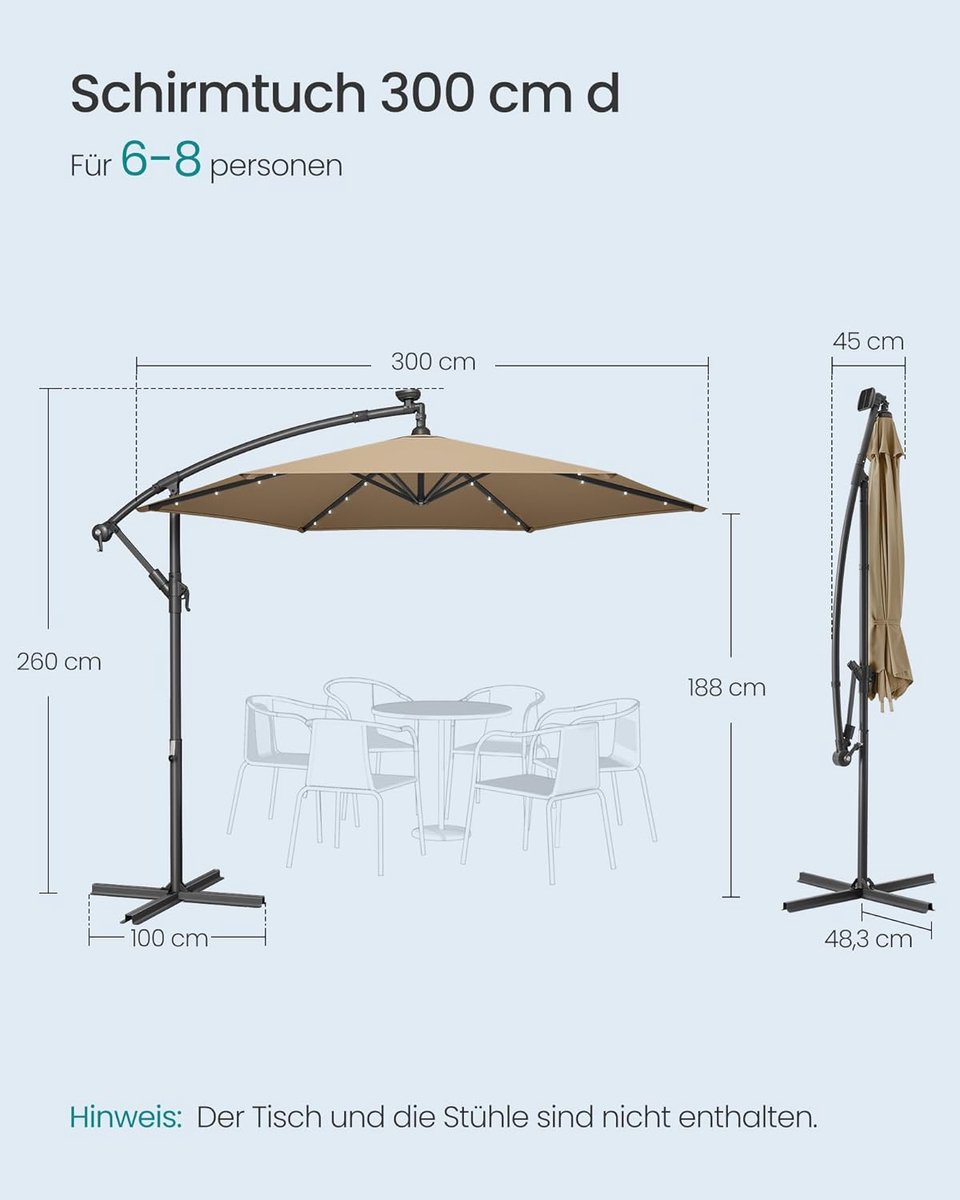 Zweefparasol met LED verlichting op zonne-energie - Depauwonen 300 cm Achthoekige Hangparasol Taupe met 32 LED-lampjes, UPF 50+ Zonbescherming, Rotatiekanteling, Met Standaard voor Balkon, Patio, Terras & Tuin (9507955863526)