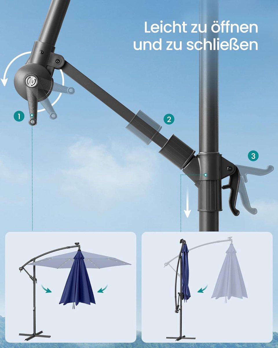 Zweefparasol met LED verlichting op zonne-energie - Depauwonen 300 cm Achthoekige Hangparasol met 32 LED-lampjes, UPF 50+ Zonbescherming, Handmatige Kanteling, Inclusief Standaard voor Balkon, Terras & Tuin - Donkerblauw (9508827633544)