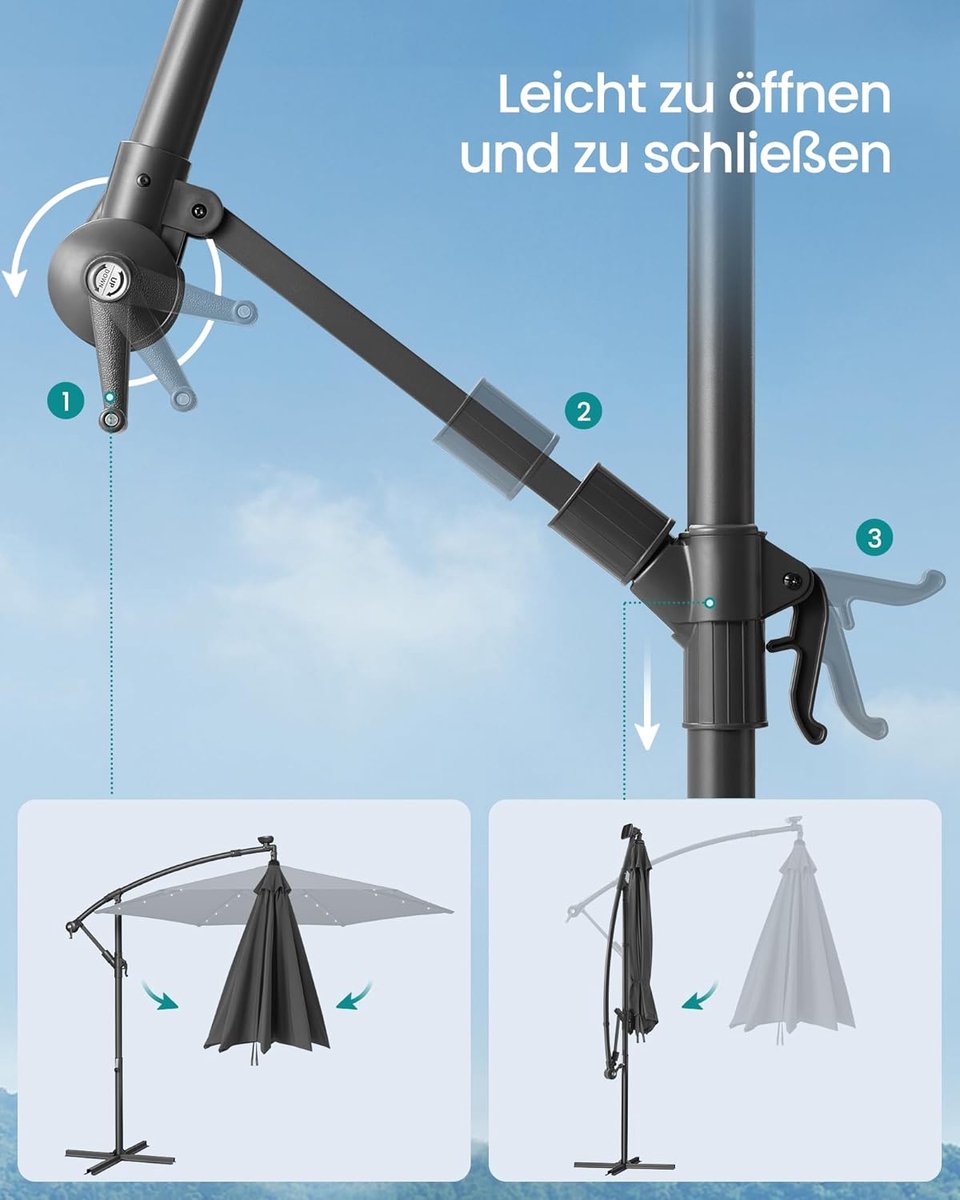 Zweefparasol met LED verlichting op zonne-energie - Depauwonen 300 cm Rechthoekige Hangparasol met 32 LED-lampjes, UPF 50+ Zonbescherming, Rotatiekanteling & Handmatige Zwengel, Inclusief Standaard voor Balkon, Terras & Tuin - Grijs (9505516625484)