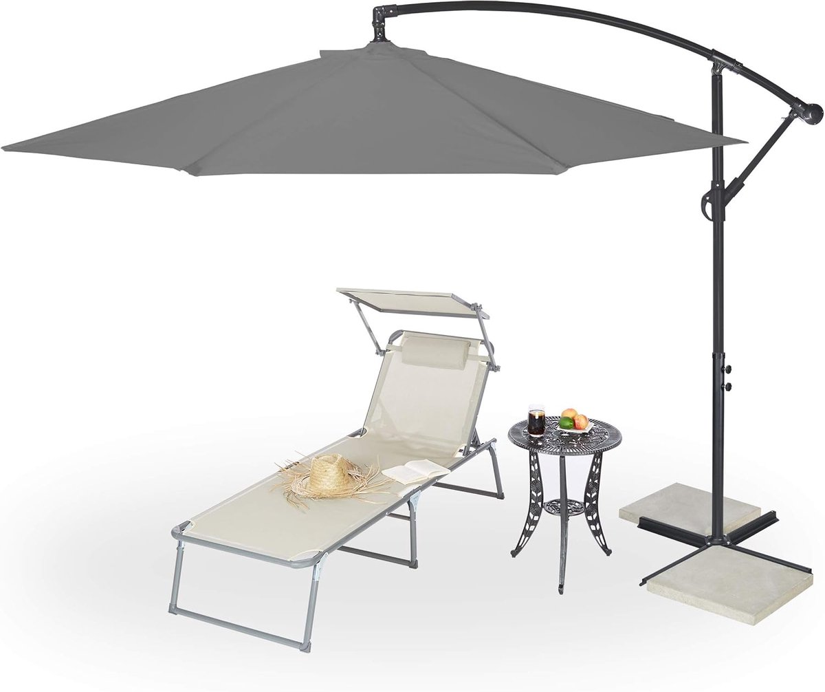 Zweefparasol met voet - Grote tuinparasol - Terras en tuin - Traploos kantelbaar - 300 cm diameter - Grijs (9101170278822)
