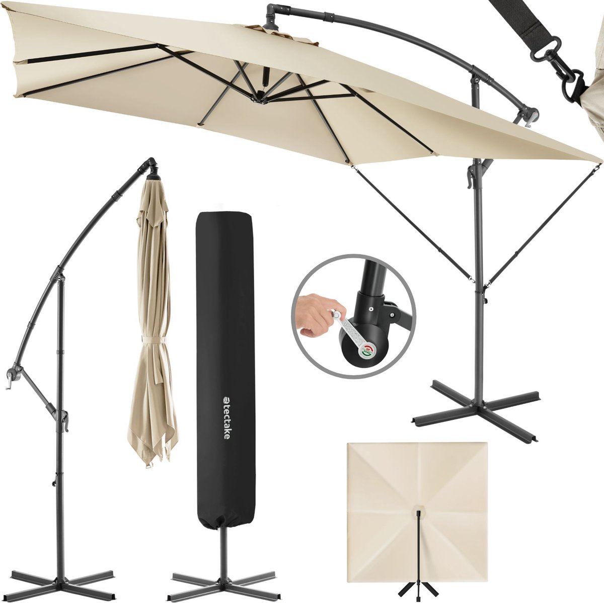 tectake® - Rechthoekige parasol met beschermhoes en zwengel - Zweefparasol - Waterafstotend - Zonwering voor terrassen, tuinen en patio's - Balkonparasol groot - Marktparasol - Ø 250 cm - Beige (4061173256126)
