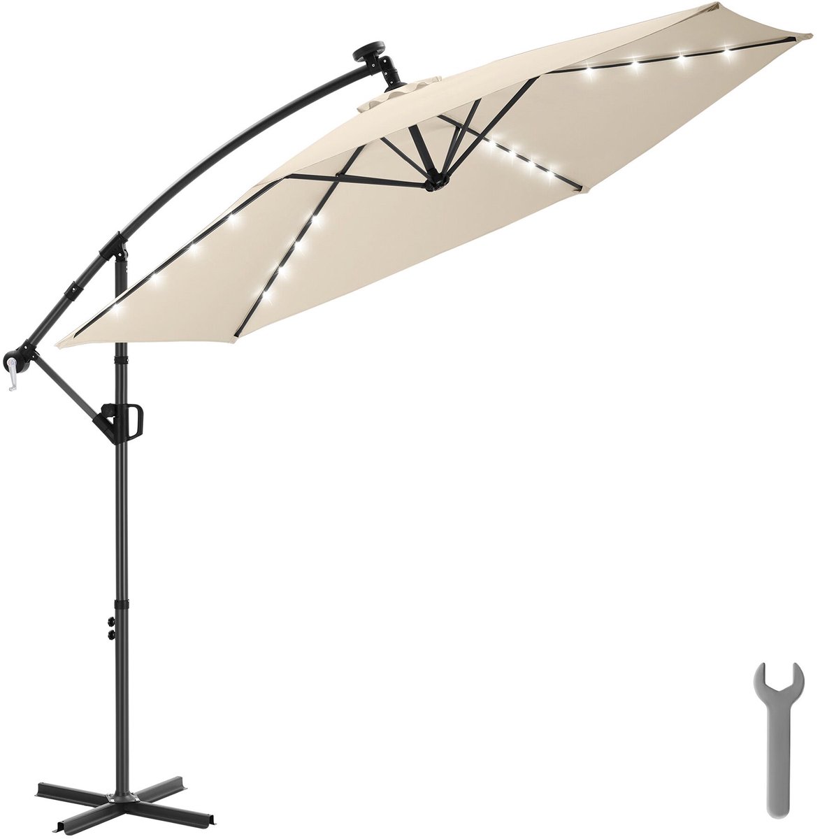 tectake® Zweefparasol met Voet - 3 x 3 m - Tuinparasol met LED-Verlichting op Zonne-Energie - Draaibaar - Waterafstotend Polyester met UV-Bescherming - Inclusief Hoes - Beige (4061173337184)