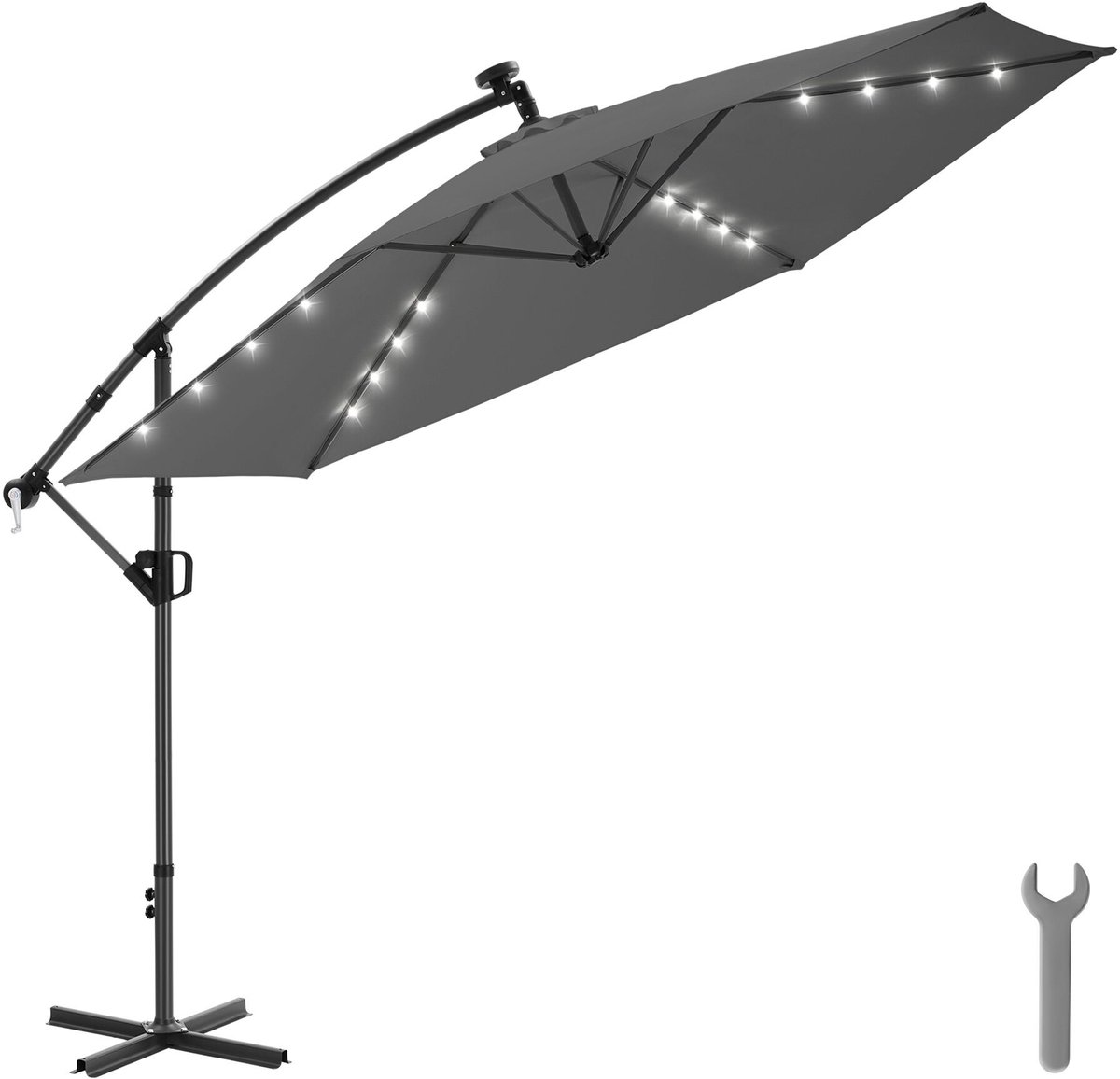 tectake® Zweefparasol met Voet - 3 x 3 m - Tuinparasol met LED-Verlichting op Zonne-Energie - Draaibaar - Waterafstotend Polyester met UV-Bescherming - Inclusief Hoes - Grijs (4061173337177)
