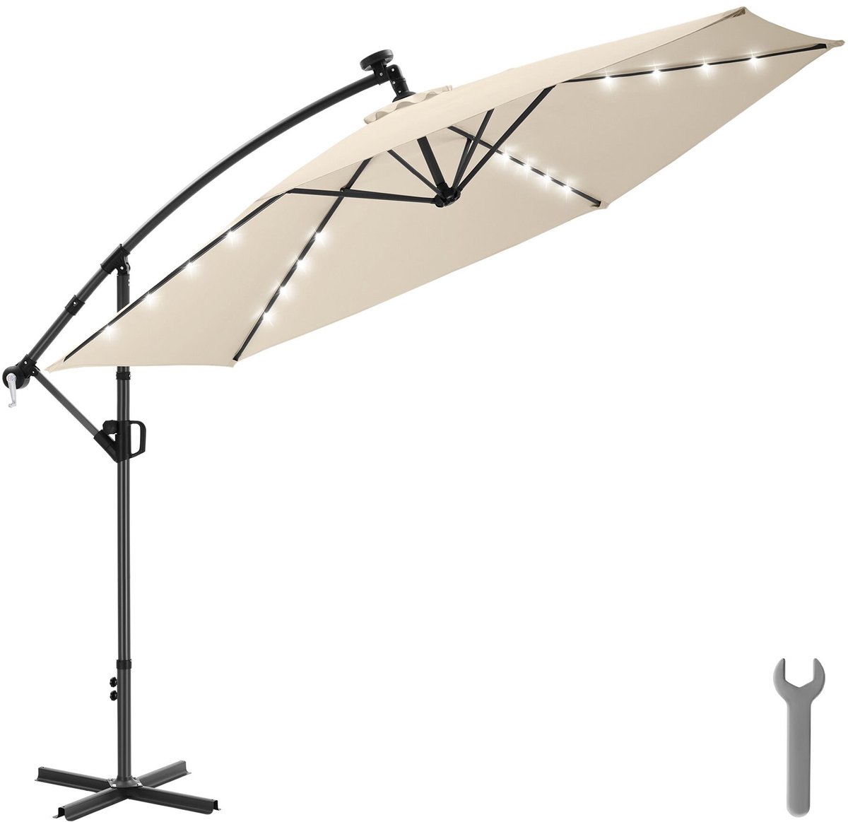 tectake® Zweefparasol met Voet - 3,5 x 3,5 m - Tuinparasol met LED-Verlichting op Zonne-Energie - Draaibaar - Waterafstotend Polyester met UV-Bescherming - Inclusief Hoes - Beige (4061173337160)