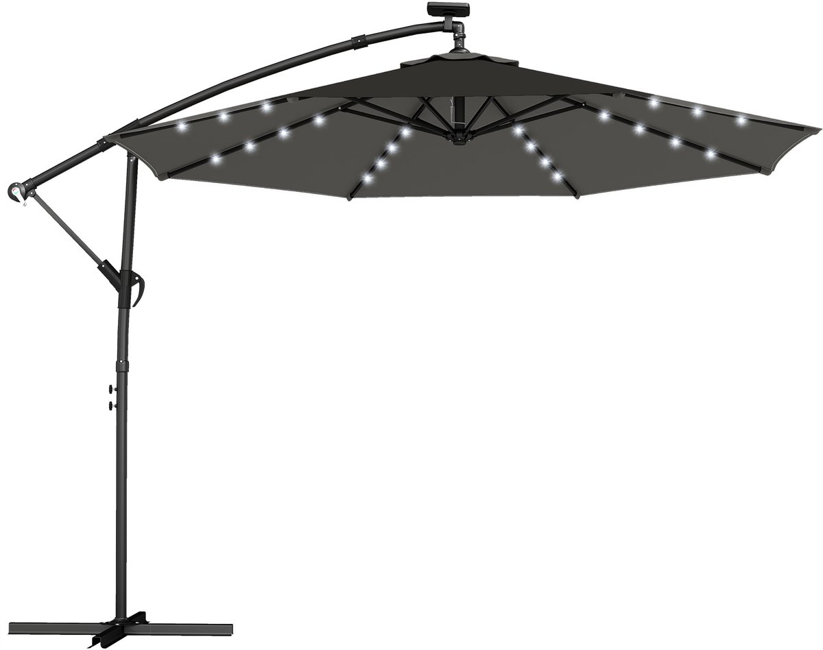 4goodz Zweefparasol-set LED zonne-energie Lampjes ca 300cm met Voet en Beschermhoes - grijs (6013924793730)