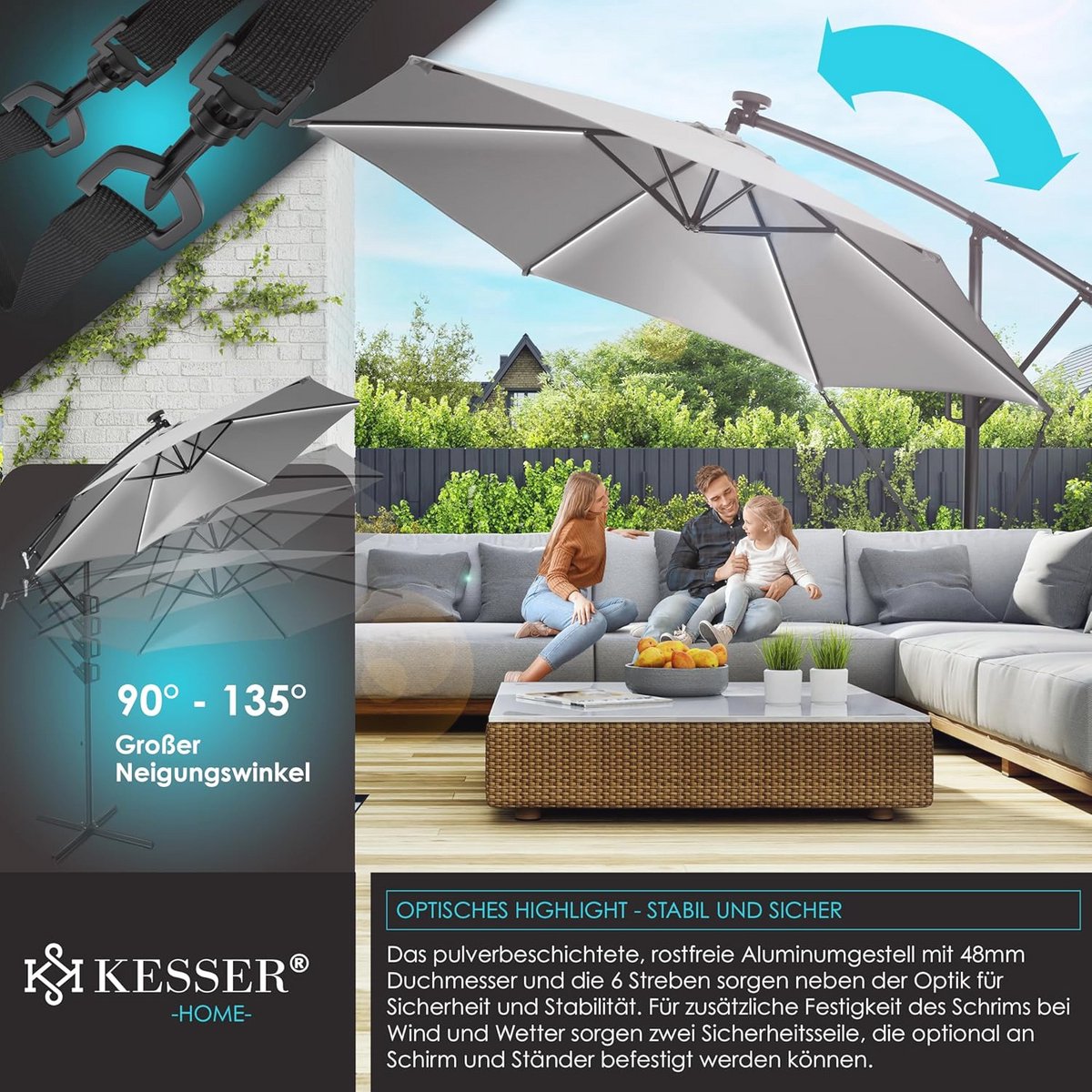 Aluminium Zweefparasol met Ledverlichting op Zonne-energie - 350 cm - Inclusief Afdekking en UV-bescherming (6151852975931)