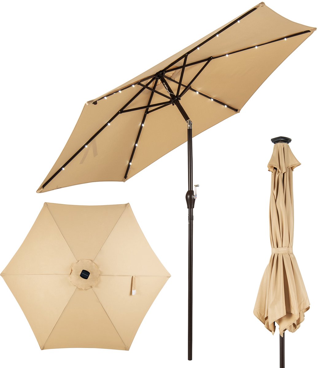COSTWAY Ø270cm LED parasol, tuinparasol, marktscherm met zonnelichting, terrasparasol zeshoek, zwengelparasol, strandscherm, zweefparasol, hangscherm, kleurkeuze (0015706482463)