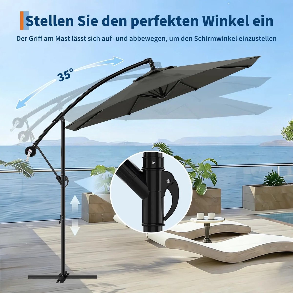 Cellista Zweefparasol 300 cm - 360° Draaibaar - Kantelbare Parasol - Met Voet en Hoes - Waterafstotend - Tuin Parasol - Antraciet (6153226929939)