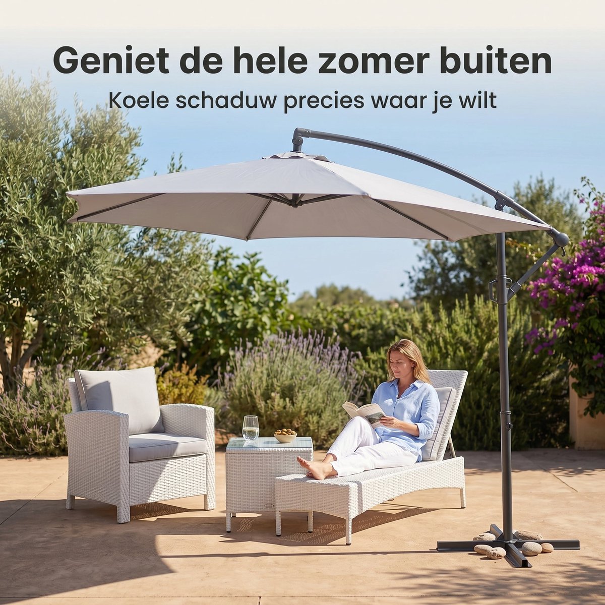 Cheqo® Zweefparasol 300 cm Grijs - Hangende Parasol - Hangparasol - Kantelbaar en 360° Draaibaar - met Kruisvoet - UV Bescherming - Push-Up Systeem - Vrijhangende Zwevende Parasol voor Tuin en Terras - Tuinparasol (8721458018448)