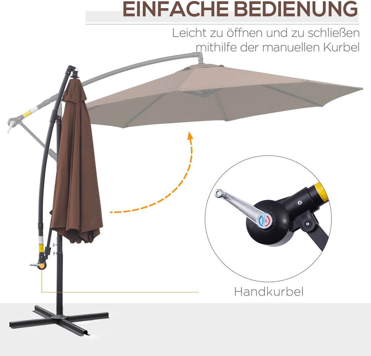 FloraGrace Zweefparasol Met Handslinger - 300 x 250 cm - Staal En Polyester - Bruin - Vrijstaand Voor Tuin En Terras (4071258129207)