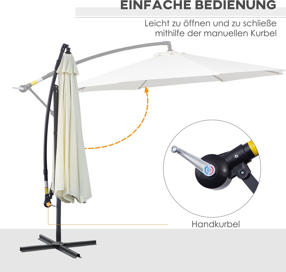 HAUSS SPOLE Zweefparasol - Met Handslinger - 300 cm - Staal - Crèmewit - Voor Tuin, Terras En Strand (4070868122653)
