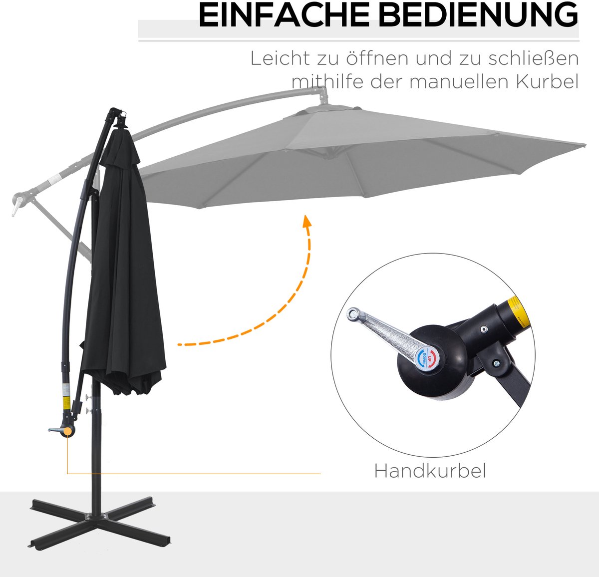 HAUSS SPOLE Zweefparasol - Met Handslinger - 300 x 250 cm - Polyester En Staal - Zwart - Voor Tuin En Terras (4070868230389)
