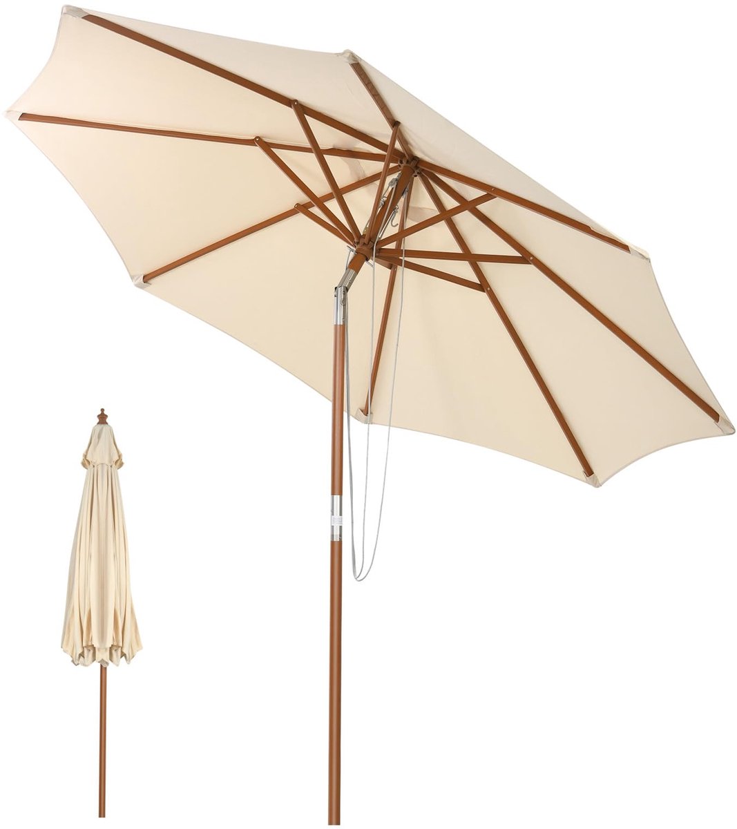 KOMFOTTEU Parasol 270cm - knikbaar - Houten paraplustok -tuinparasol - stokparasol - strandparasol - voor tuin, strand, balkon (0672669264439)