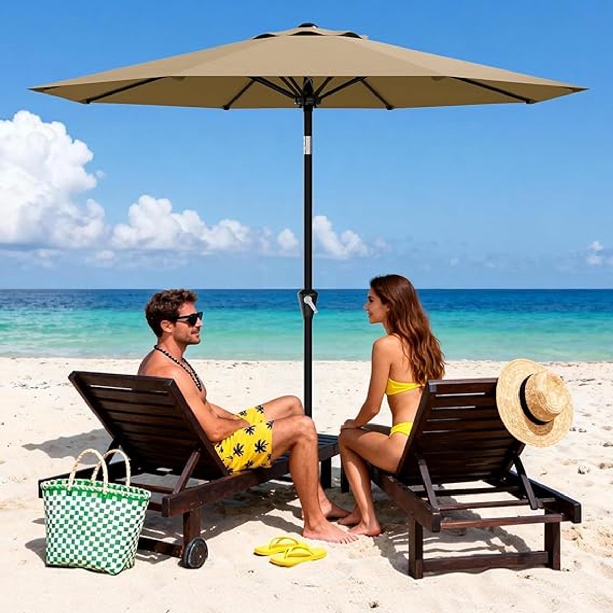 Luxe Stokparasol - Ø 300 cm (10FT) - Kantelbaar met Drukknop - Met Slinger - UV-bestendig & Waterafstotend - 8 Stevige Baleinen - Tuinparasol - Khaki kleur (6950000142788)
