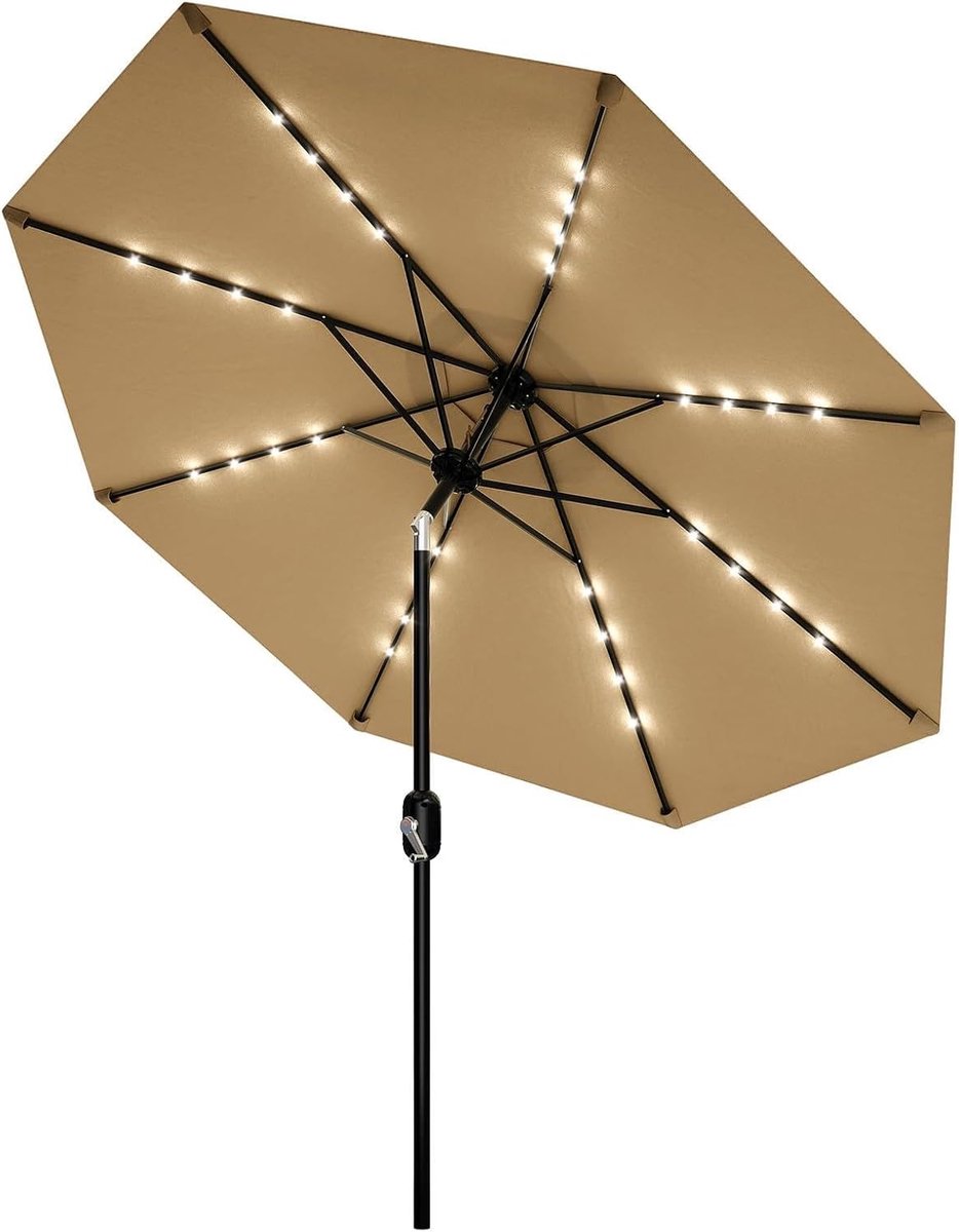 Luxe Stokparasol met 32 LED Verlichting op Zonne-energie - Ø 300 cm - Knikbaar - Inclusief Slingermechanisme - UV50+ & Waterafstotend - Tan / Zandkleur (6950000143853)