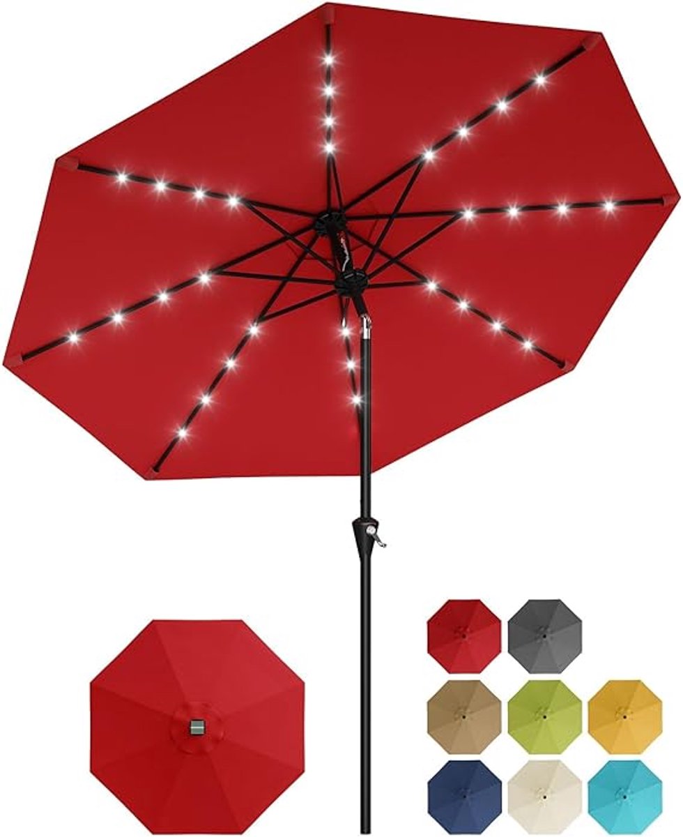 Luxe Stokparasol met 32 LED Verlichting op Zonne-energie - Ø 300 cm - Knikbaar - Inclusief Slingermechanisme - UV50+ & Waterafstotend - Tan / Zandkleur (6950000143907)