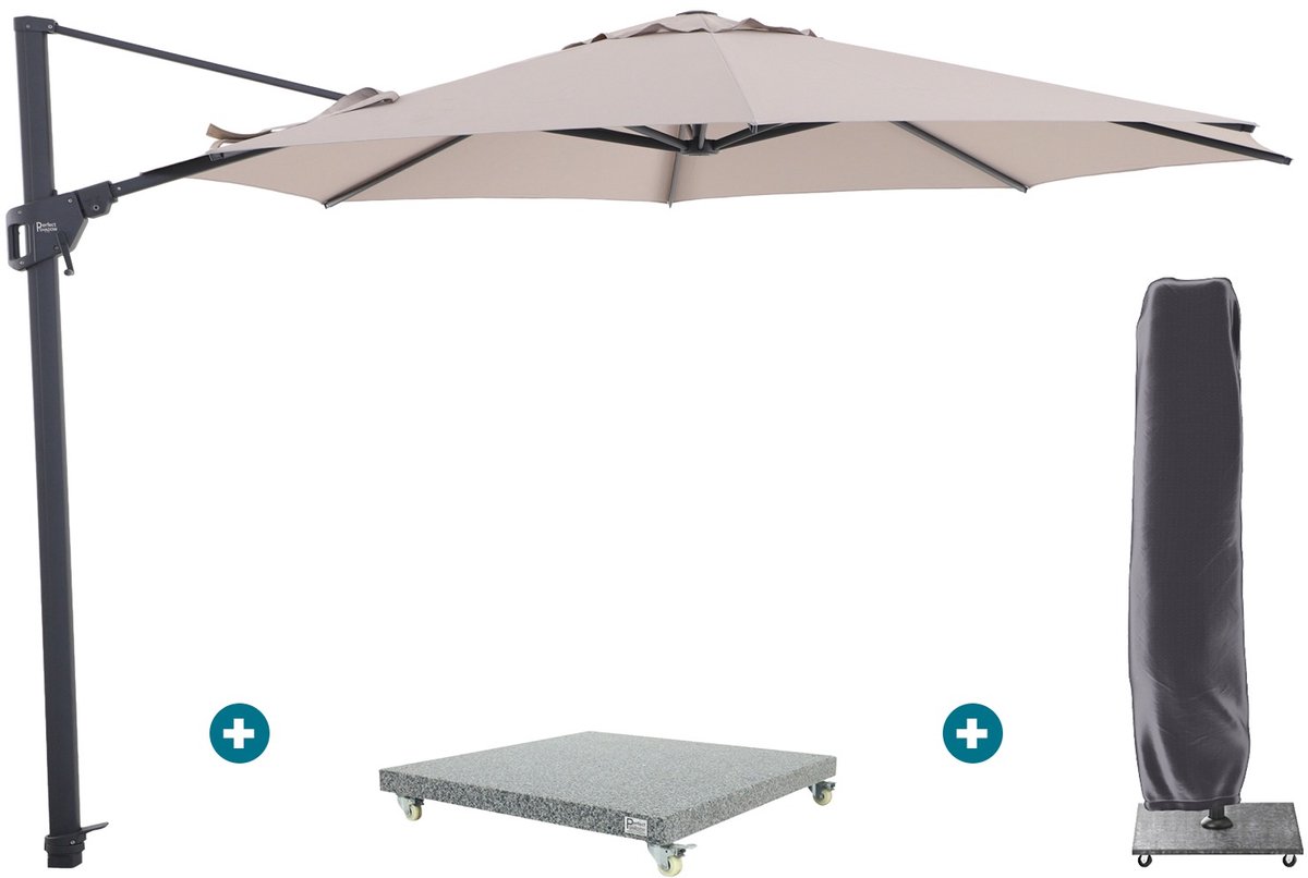 Perfect Shadow Luna ronde zweefparasol Ø350 cm. Flex+ - Antraciet/Urban Taupe met Valencia voet en hoes (6154126889842)