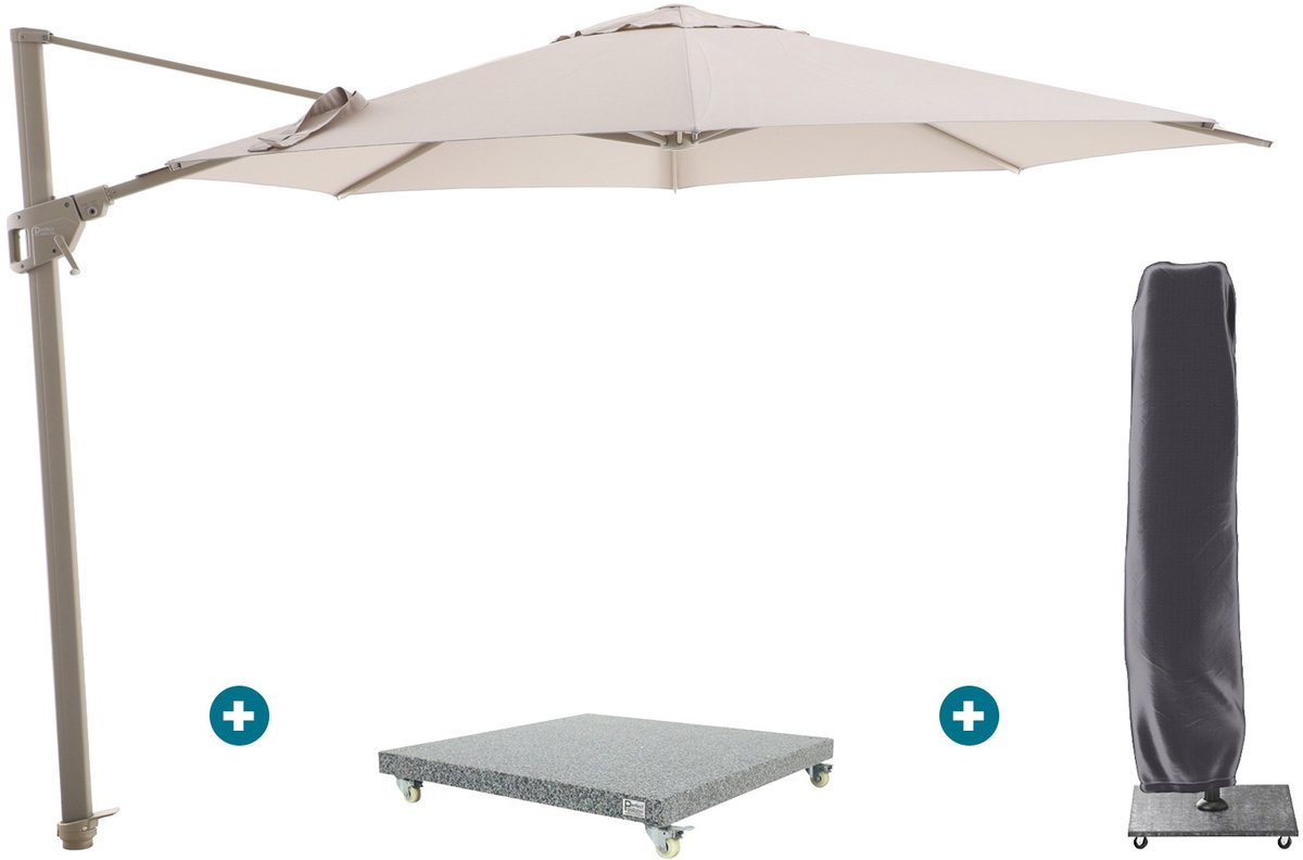Perfect Shadow Luna ronde zweefparasol Ø350 cm. Flex+ - Latte/Soft Sand met Valencia voet en hoes (6154126832800)