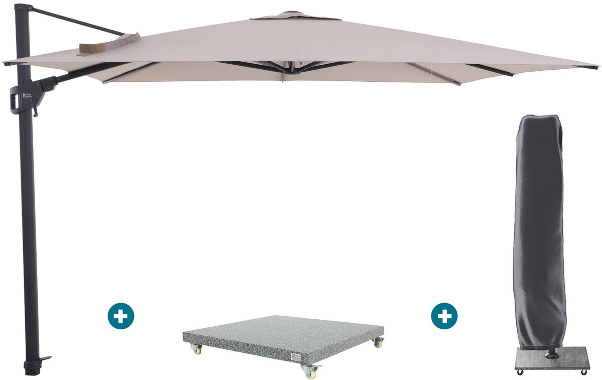 Perfect Shadow Luna zweefparasol 300x300 cm. Flex+ - Antraciet/Urban Taupe met Valencia voet en hoes (6154126787759)