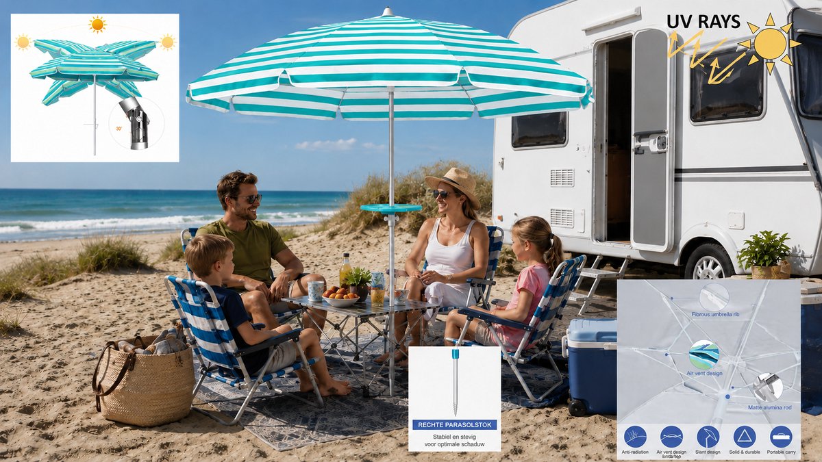 Pincho - LUXE ALUMINIUM STRANDPARASOL 200 cm - TURKOISE - Stok met Rechte punt - 16 BALEINEN (ipv 8) -UV Bescherming 99% UPF 50+ - Kantelbaar & Verstelbaar - Draagtas - Windvaan - Strandparasol - Tuinparasol - Stokparasol (7442940395380)