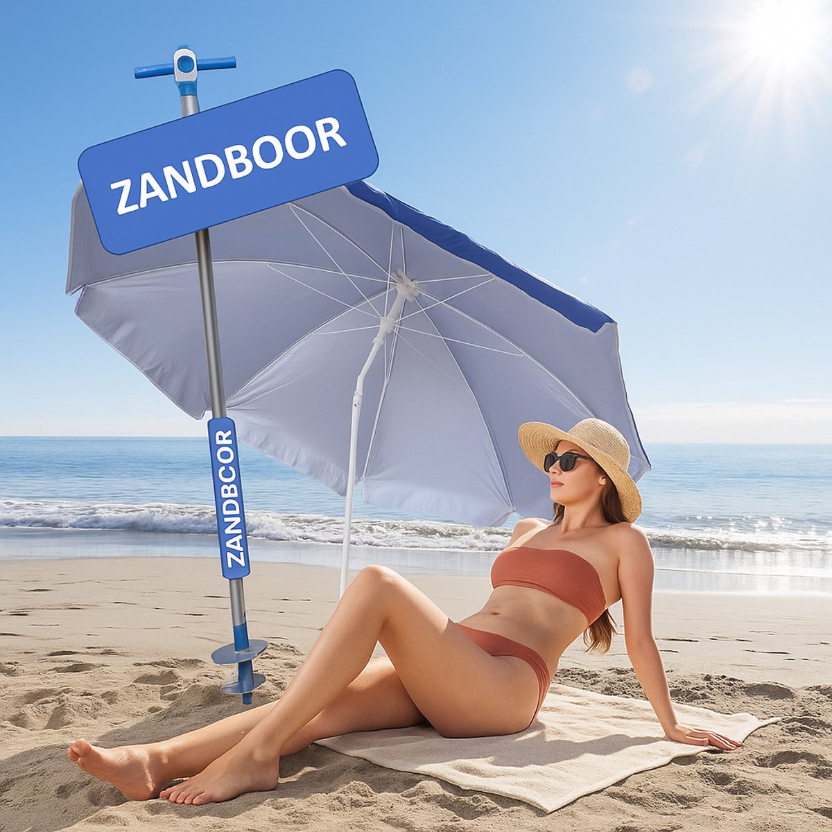Pincho - LUXE ALUMINIUM STRANDPARASOL 200 cm & LANGE ZANDBOOR (Grondboor) - Uni Blauw- Verstelbaar & Kantelbaar - Windvaan - Draagtas - UV Bescherming 99% UPF50 - Fiber baleinen - Strandparasol - Stokparasol - Tuinparasol (7442940392372)