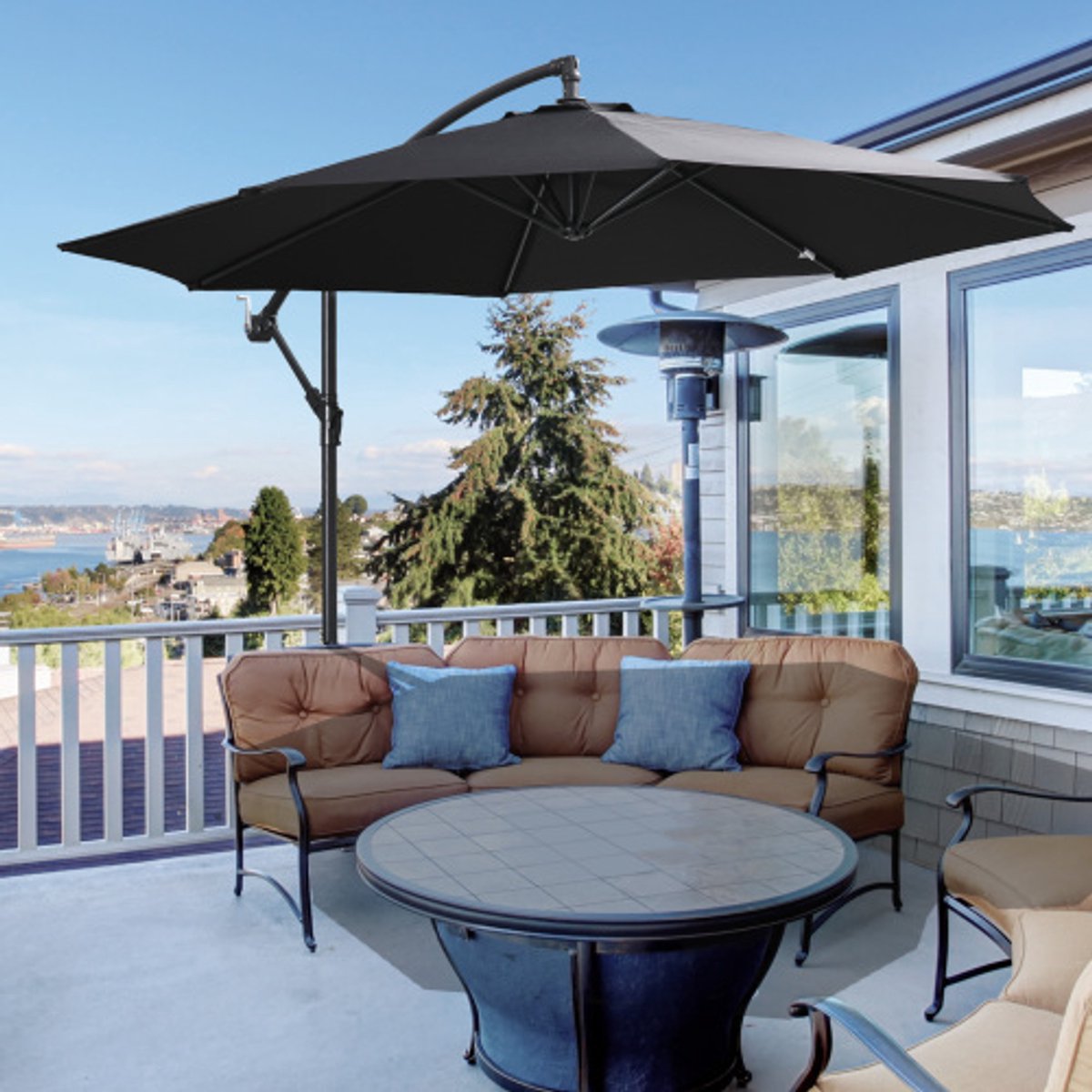 Zweefparasol - Ø300 x 250 cm - Met Zwengel - Tuin En Terras - Staal Polyester - Zwart (8901738819105)