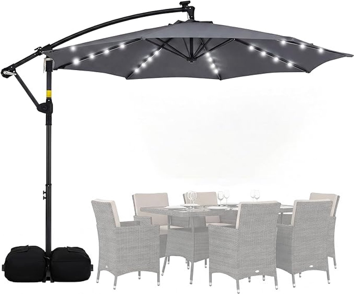 Zweefparasol met LED Verlichting 300 cm - Solar Hangparasol voor 6-8 Personen - 360° Draaibaar & Kantelbaar - UV-Bescherming met 8 Baleinen - Luxe Tuinparasol voor Terras, Balkon & Tuin (5487571897751)