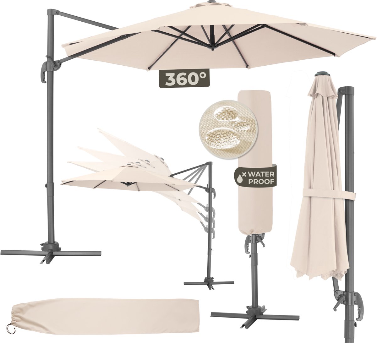 tectake® Grote Zweefparasol met Beschermhoes - Ø 300 cm - In Hoogte Verstelbaar - Opvouwbaar - met Voet en Zwengel - UV-bescherming 50+ - Tuinparasol - Parasol voor Terras of Balkon - Beige (4061173031334)