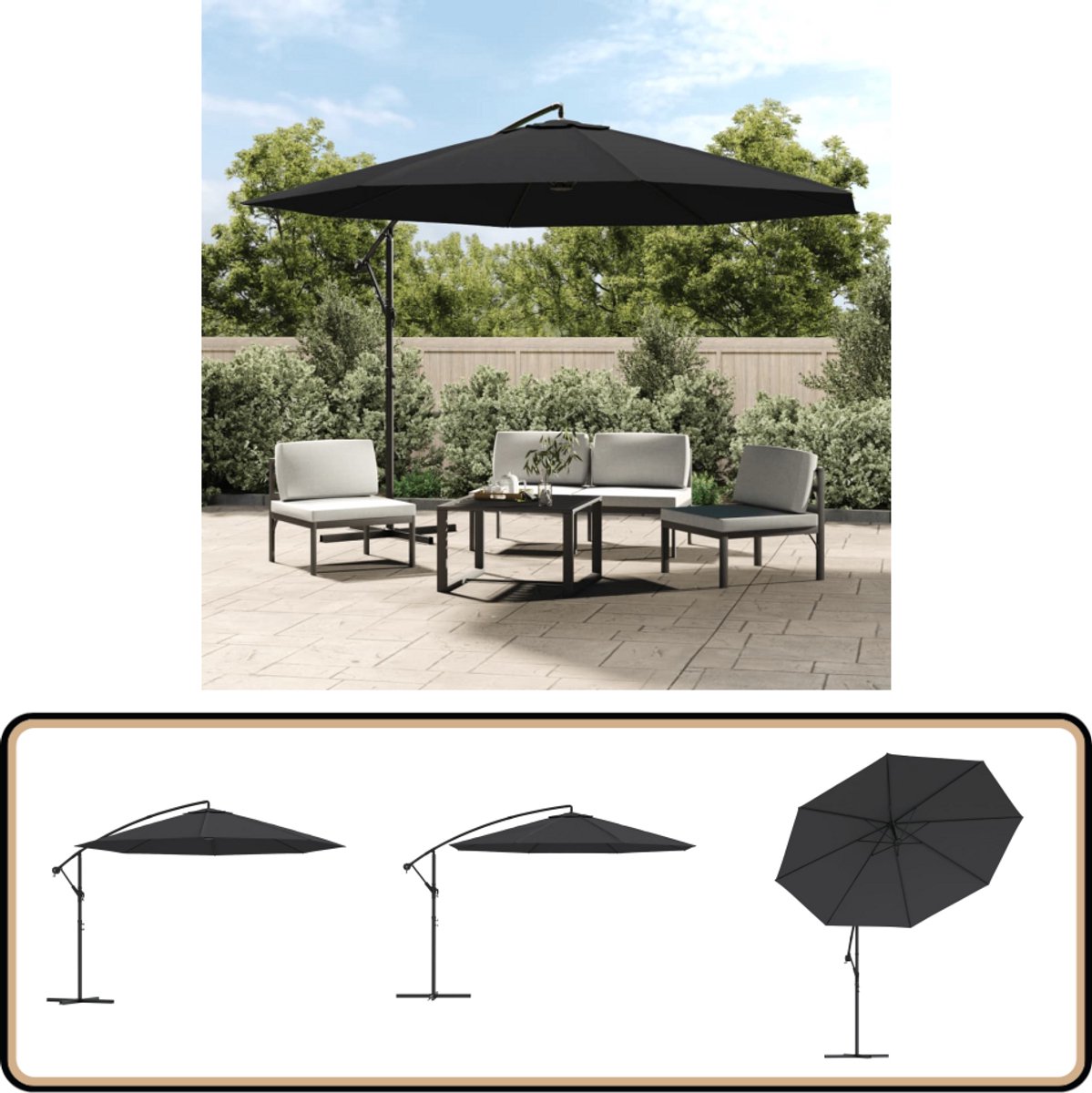 vidaXL Zweefparasol - 350 cm - Zwart - Aluminium Paal Hangende Parasol - Parasol Zwarte Kleur - Buitenzonwering - Terrasdecoratie - Tuinparasol (8015760946774)
