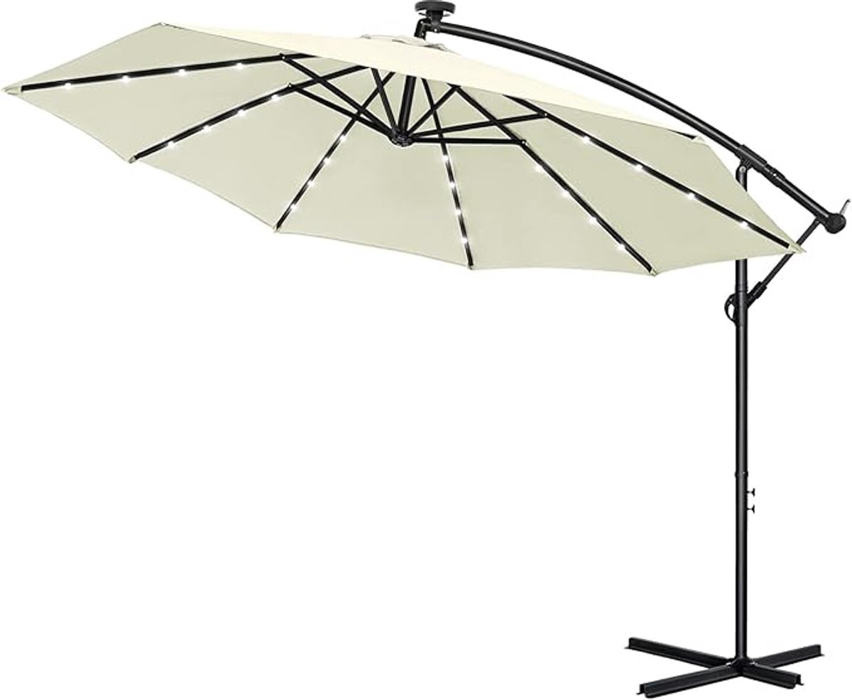 350 cm Aluminium Parasol Met LED & Kruk - UV-Bescherming - Tuinparasol - 360° Draaibaar - Marktpolsol - Waterafstotend - Zweefparasol Met Voet - Windbescherming - Krukparasol Voor Tuin, Terras, Strand (Beige) NAIZY (0751203698678)