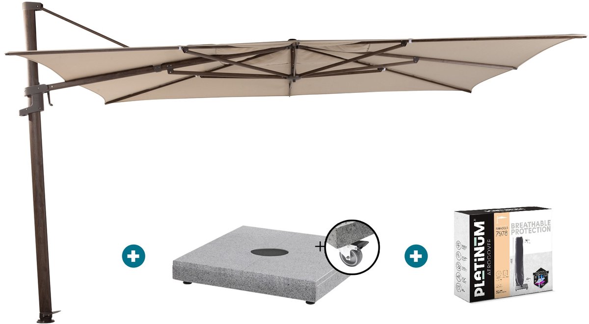 4 Seasons Finca zweefparasol 4x3 m - Zand/ Donkere houtlook met Finca voet en hoes (6097328944967)