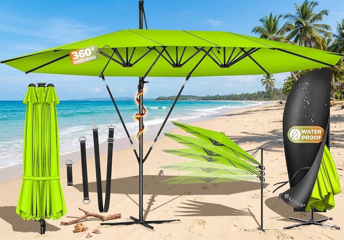 Dubbele Zweefparasol 460 x 270 cm XXL - 360° Draaibaar, Kantelbaar, Aluminium Frame, UV-Bescherming & Waterafstotend, Inclusief Beschermhoes en Standaard - Antraciet - Urbanhome (9505154495289)