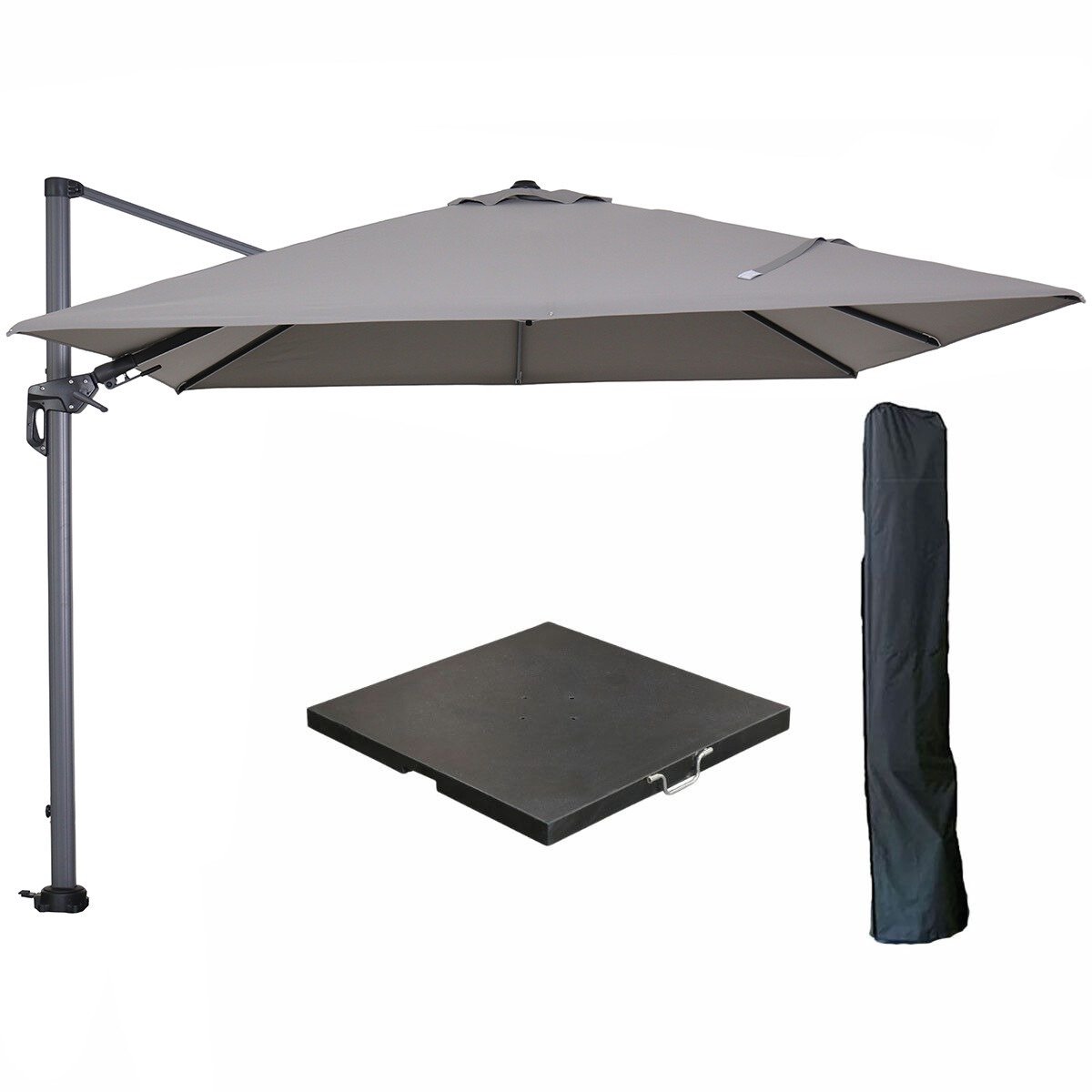Garden Impressions Hawaii zweefparasol 300x300 cm carbon black / licht grijs met black polished parasolvoet 90 kg en parasolhoes (8721552307011)