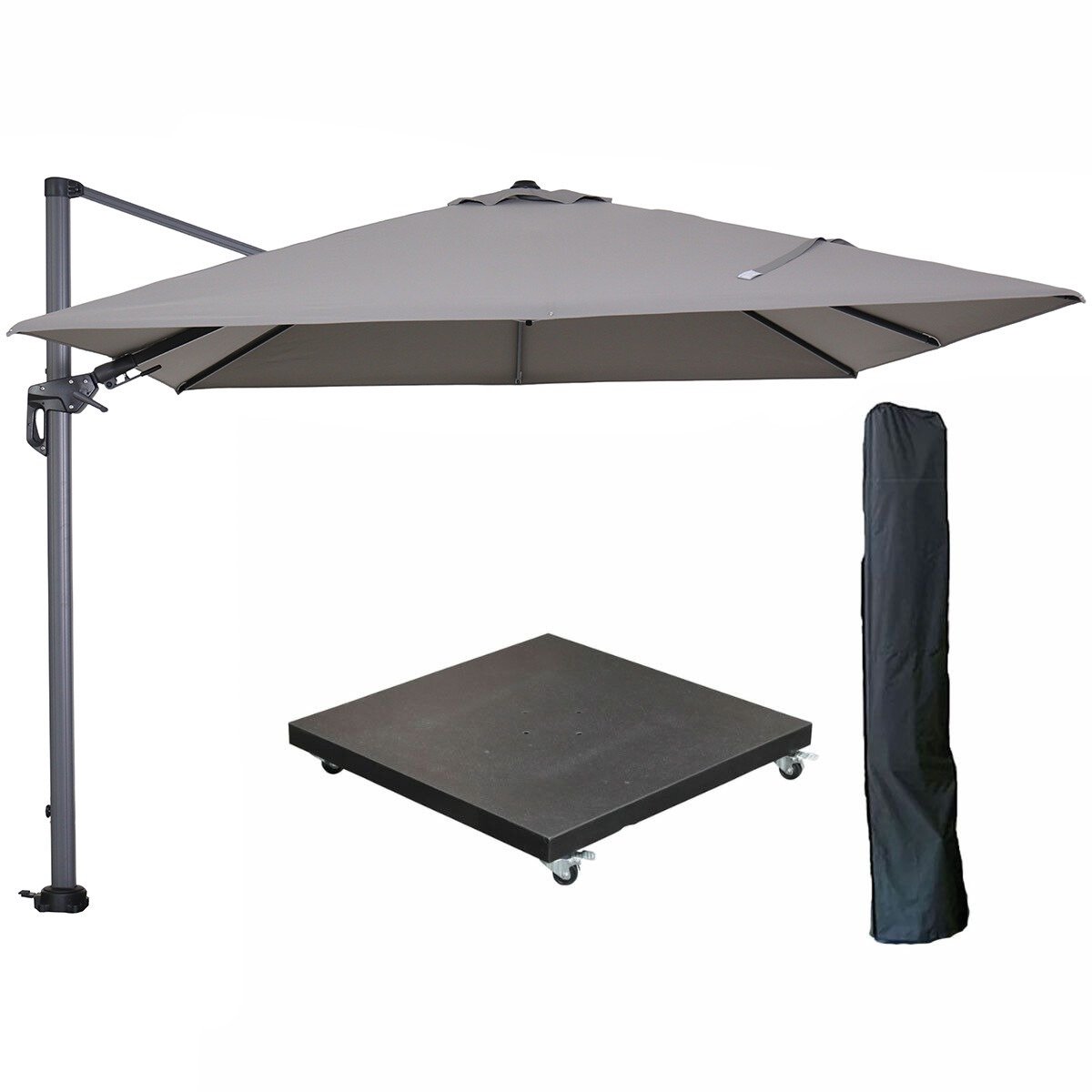 Garden Impressions Hawaii zweefparasol 300x300 cm carbon black / licht grijs met verrijdbare parasolvoet 90 kg en parasolhoes (8721552307028)