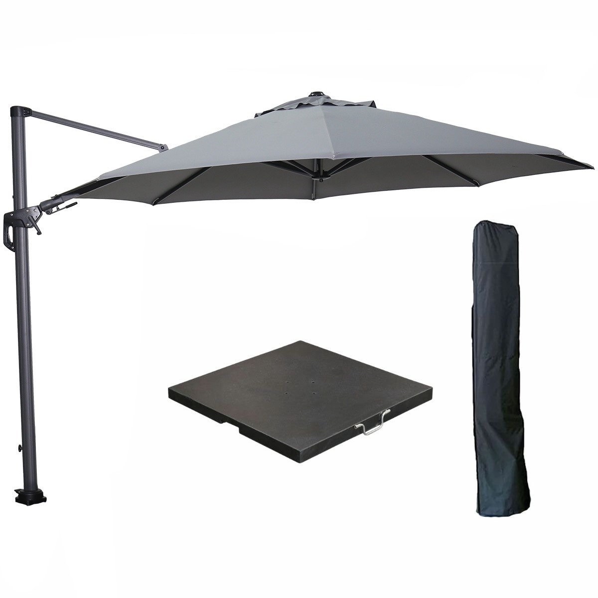 Garden Impressions Hawaii zweefparasol Ø350 cm carbon black / licht grijs met black polished parasolvoet 90 kg en parasolhoes (8721552307042)