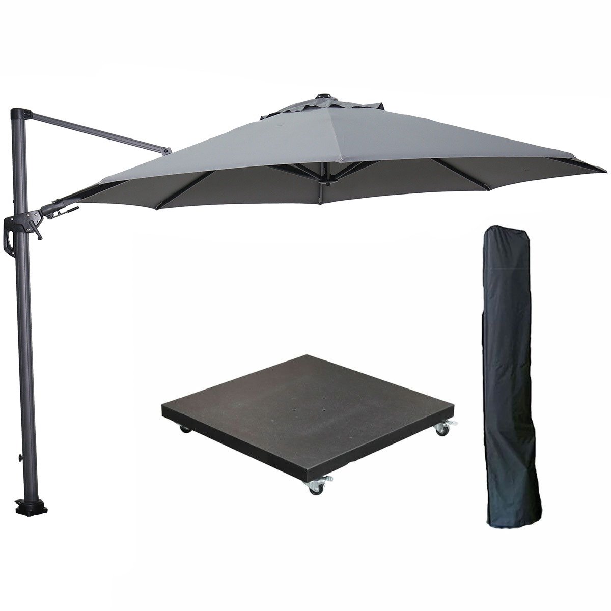 Garden Impressions Hawaii zweefparasol Ø350 cm carbon black / licht grijs met verrijdbare parasolvoet 90 kg en parasolhoes (8721552307059)