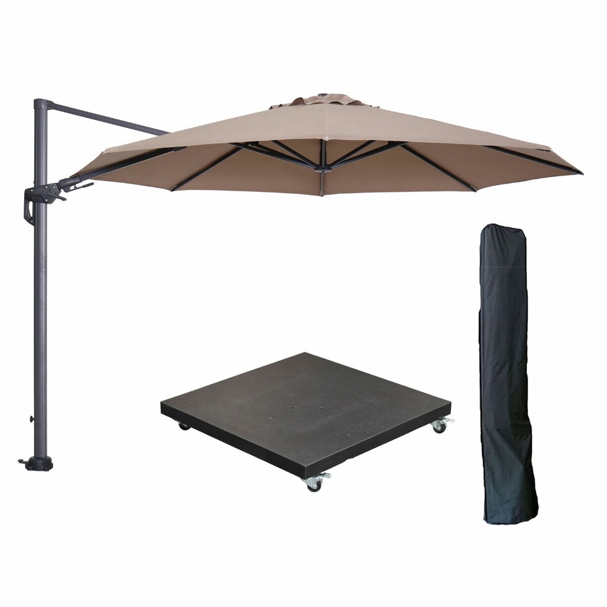 Garden Impressions Hawaii zweefparasol Ø350 cm carbon black / taupe met verrijdbare parasolvoet 90 kg en parasolhoes (8721552307080)