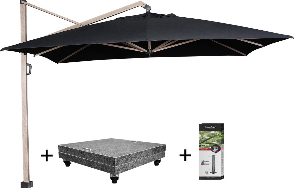 Icon premium zweefparasol 350x350 cm oak mast faded black met 150KG voet en hoes (8720848329843)