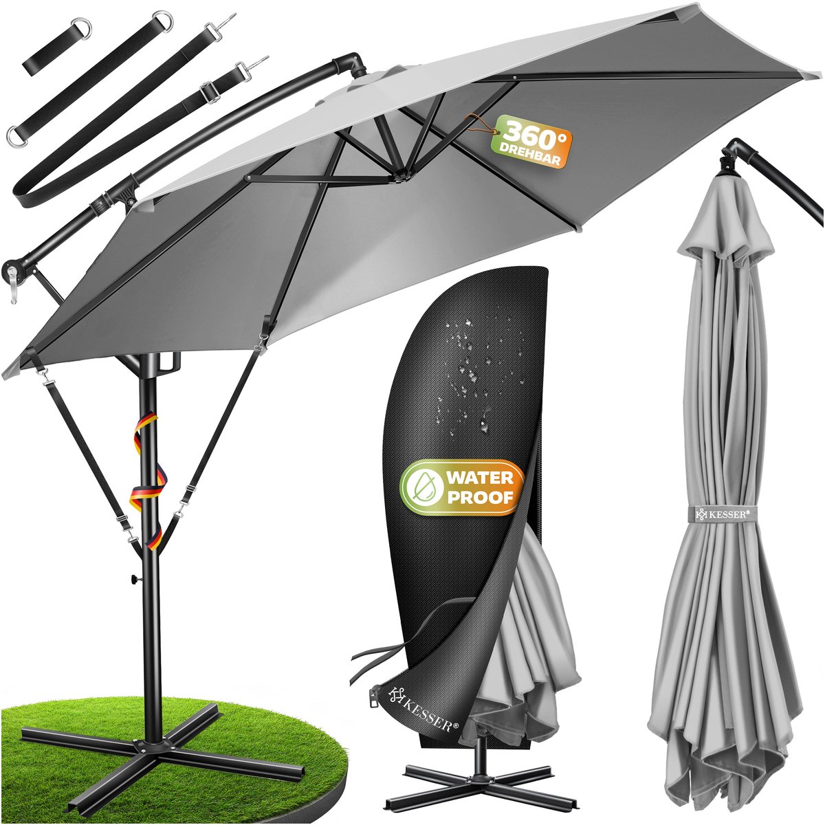 KESSER® Zweefparasol met voet 350cm x 350cm - Parasol 360° Draaibaar Incl. Beschermhoes Tuinparasol - Lichtgrijs Ø 3,5m (4255598305785)