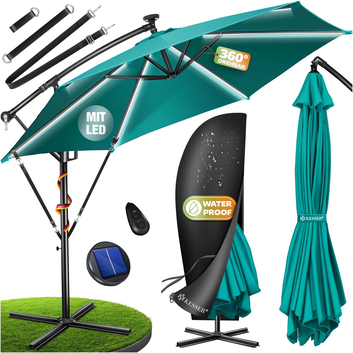 KESSER® Zweefparasol ⌀300cm met LED Solar Verlichting en voet - Parasol 360° Incl. Beschermhoes (4255598363617)