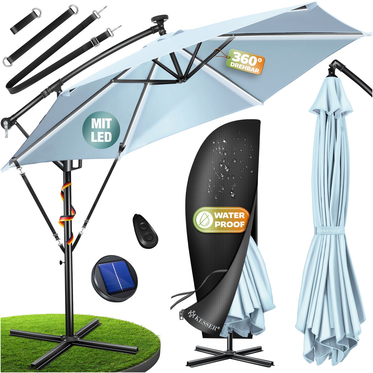 KESSER® Zweefparasol ⌀350cm met LED Solar Verlichting en voet - Parasol 360° Incl. Beschermhoes (4255598351287)