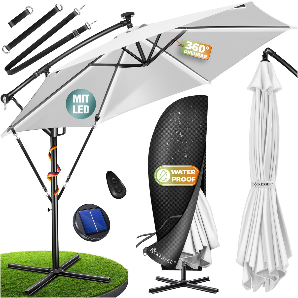 KESSER® Zweefparasol ⌀350cm met LED Solar Verlichting en voet - Parasol 360° Incl. Beschermhoes (4255598363624)
