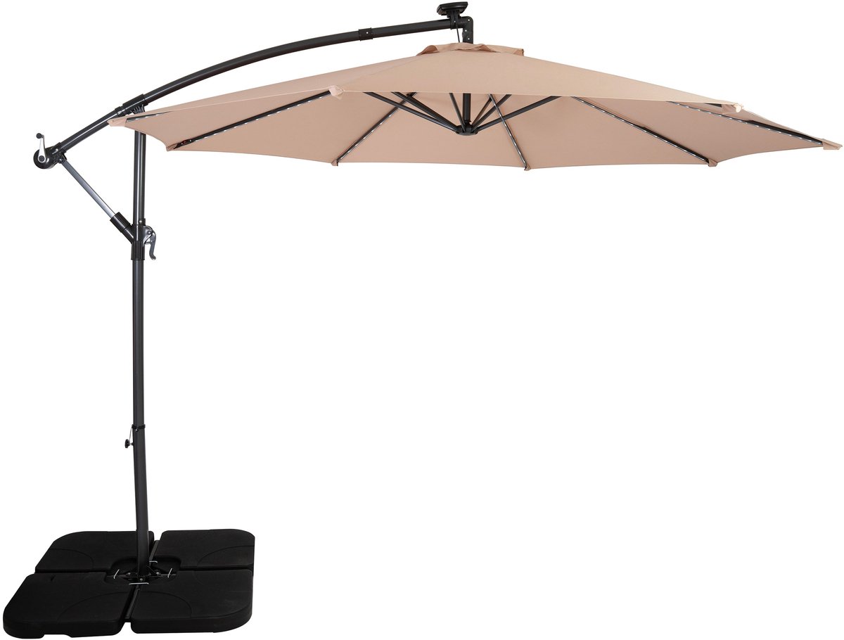 LED Zweefparasol 3 m & Vierkante Parasolvoet - beige - parasol met verlichting (5056806874241)