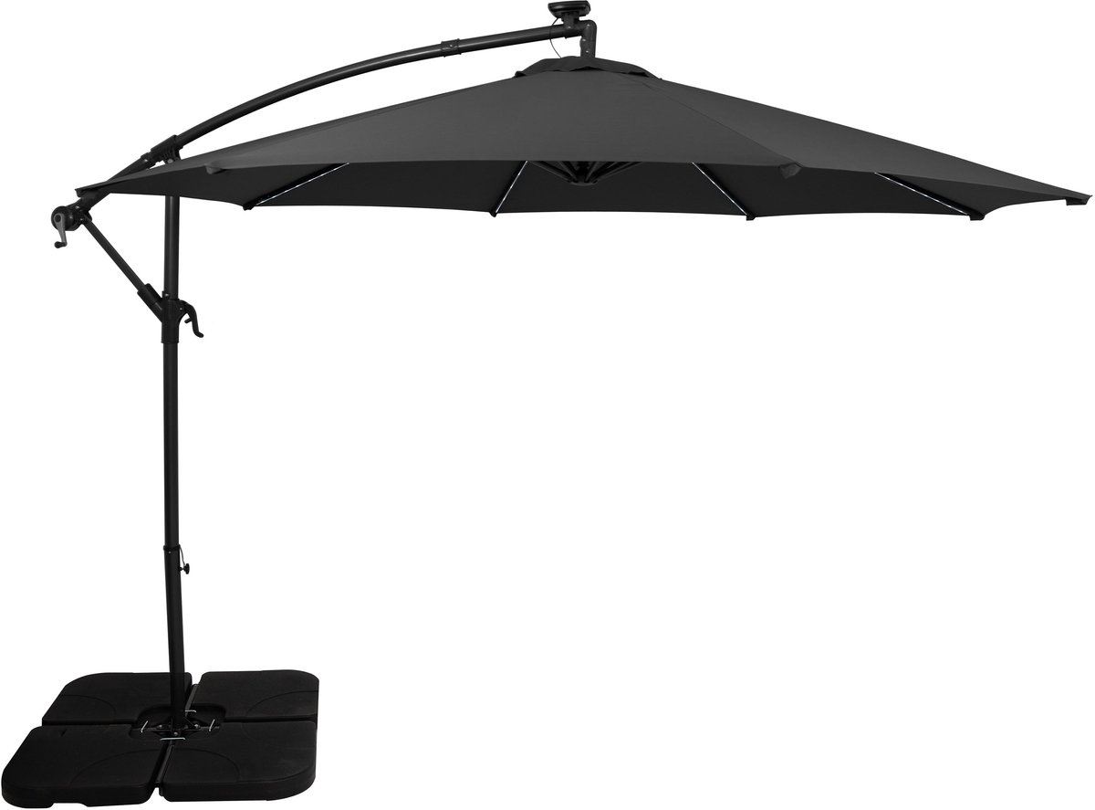 LED Zweefparasol 3 m & Vierkante Parasolvoet - grijs - parasol met verlichting (5056806874265)