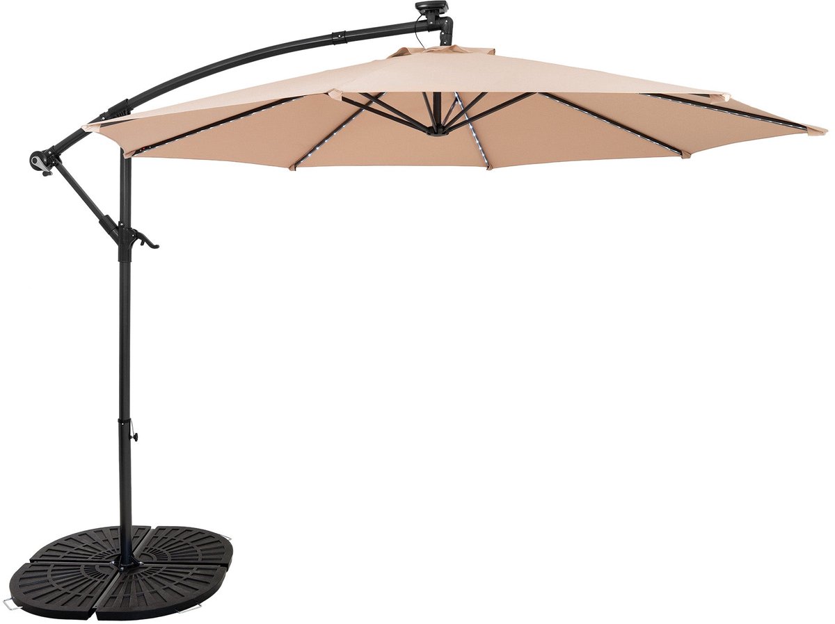 LED zweefparasol 3 m & rond 4-delige parasolvoet - beige parasol met verlichting (5056806874449)