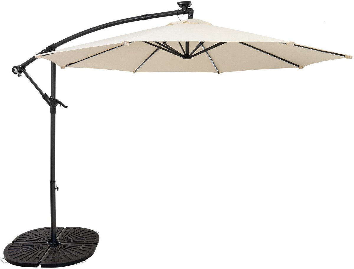 LED zweefparasol 3 m & rond 4-delige parasolvoet - crème parasol met verlichting (5056806874456)
