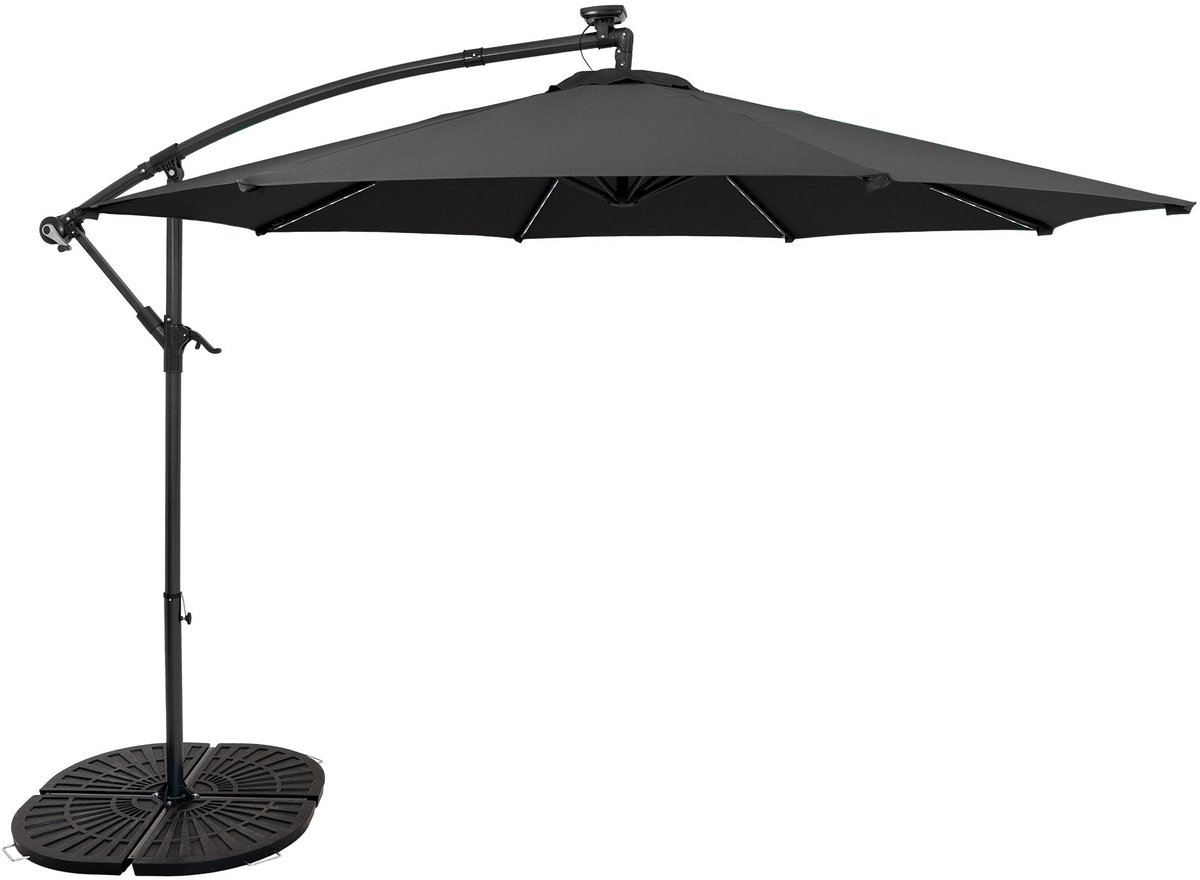 LED zweefparasol 3 m & rond 4-delige parasolvoet - grijs parasol met verlichting (5056806874463)